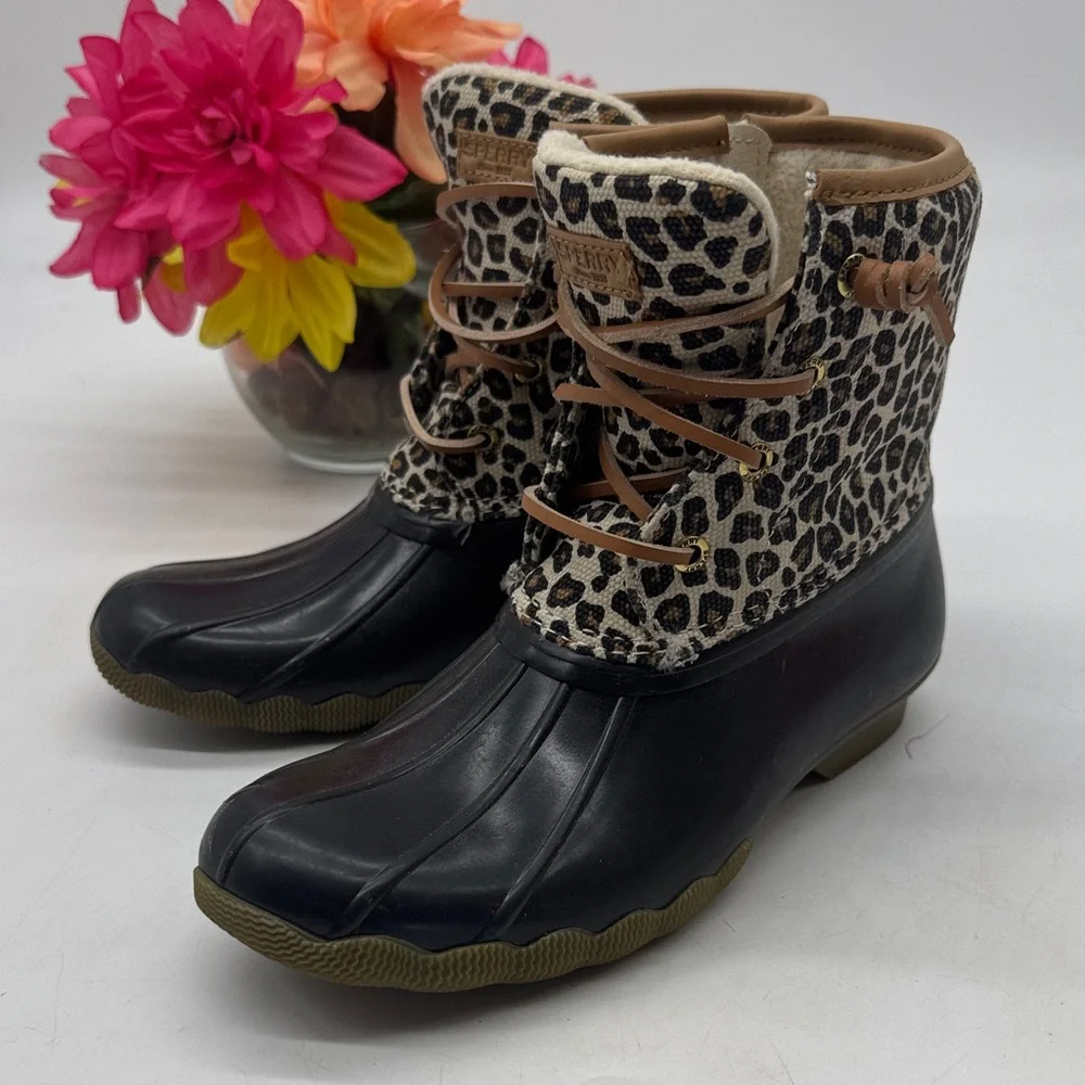 Sperry Black and Leopard Print Women's Boots Size 3 WRB9434